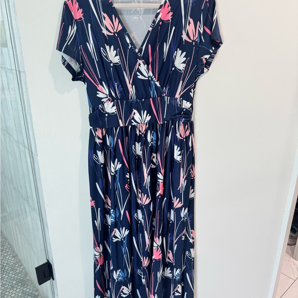 Navy Floral Maxi Dress with Pink Accents